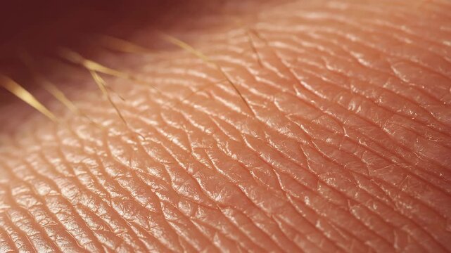 Macro close-up of human skin surface with visible pores and fine hair, biology, anatomy, dermatology, human texture, science research, health, natural detail, and microscopic view of the human body.