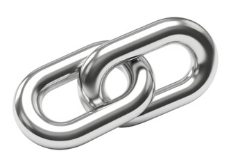 3d illustration of a closeup, isolated on a transparent background, of two interlocking, shiny, silver metal chain links, symbolizing connection, strength, and unity on transparent background