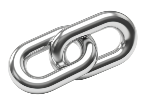 3d illustration of a closeup, isolated on a transparent background, of two interlocking, shiny, silver metal chain links, symbolizing connection, strength, and unity on transparent background