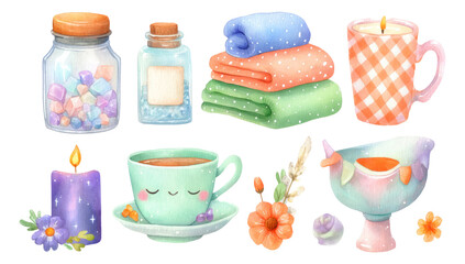 Colorful Watercolor Collection of Home Decor Elements and Cozy Objects Isolated on Background
