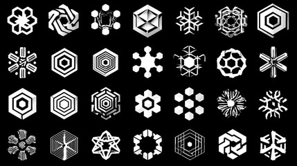 Abstract Geometric Hexagonal Shapes and Patterns Collection, Snowflake-Like Designs for Winter, Ice, and Crystal Concepts on Black Background