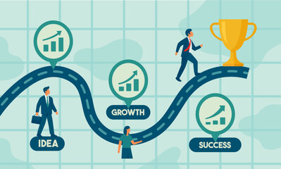 Modern flat vector showing people moving along a business path toward success and achievement. Perfect for startup growth, teamwork strategy, and career progress visuals.