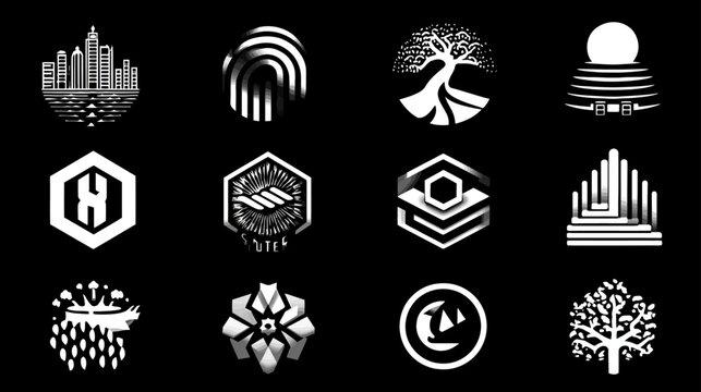 Collection of diverse abstract geometric black and white logos and minimalist design elements for modern branding, technology, and corporate identity