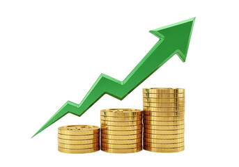 3d illustration of a green arrow graph showing upward trend with stacks of gold coins, isolated on transparent background on transparent background