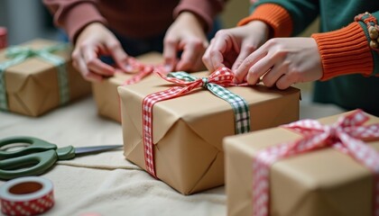 Hands of diverse people wrapping Christmas gifts with ribbons and scissors on a table. Brown paper packages are neatly arranged, showcasing festive colors.