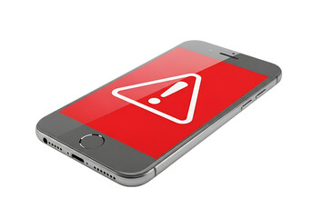 3d illustration of smartphone displaying a red screen with a white warning triangle symbol, isolated on transparent background on transparent background