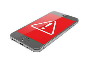 3d illustration of smartphone displaying a red screen with a white warning triangle symbol, isolated on transparent background on transparent background
