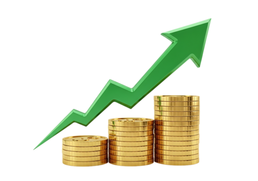 3d illustration of a green arrow graph showing upward trend with stacks of gold coins, isolated on transparent background on transparent background