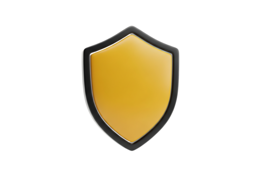 3d illustration of golden shield with black outline, isolated on transparent background on transparent background