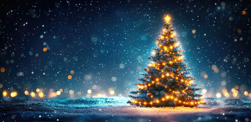Christmas tree with glowing lights on a dark blue background, starry sky, blurred snow, and a bokeh effect This could be a Christmas card or banner template for a New Year's party Generative AI