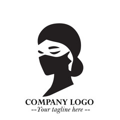 Elegant Woman Wearing Mask Logo Symbol in Black on White Background with Minimalist Modern Design