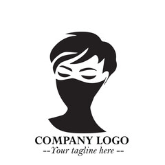 Elegant Woman Wearing Mask Logo Symbol in Black on White Background with Minimalist Modern Design