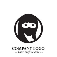 Fototapeta premium Elegant Woman Wearing Mask Logo Symbol in Black on White Background with Minimalist Modern Design