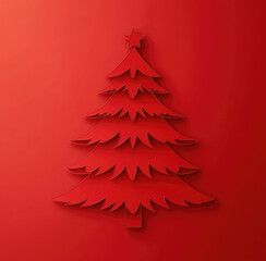 Obraz premium Christmas tree in paper cut style. Modern design on a red background. Christmas and New Year greeting card