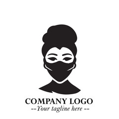 Elegant Woman Wearing Mask Logo Symbol in Black on White Background with Minimalist Modern Design