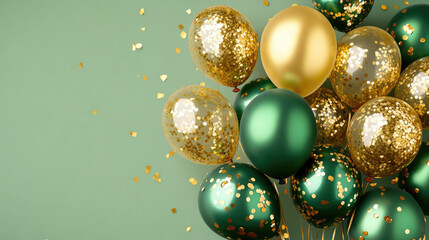 Golden and green balloons with golden confetti. New years Christmas gold green background with copy space