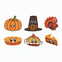 Cute thanksgiving kawaii festival food and harvest. Flat vector cartoon design
