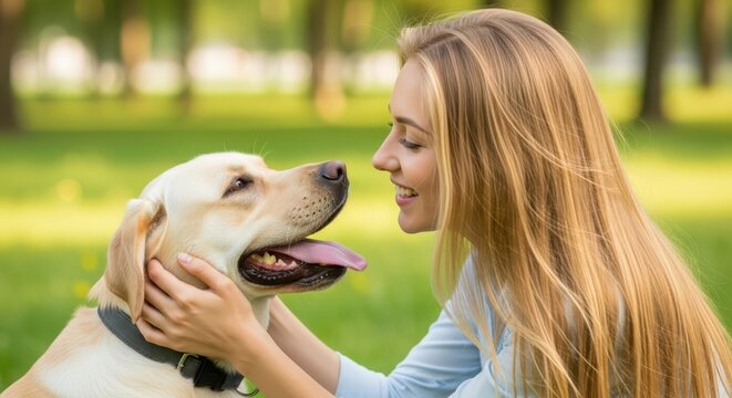 A young woman lovingly petting her golden retriever dog in a park on a sunny day, enjoying a moment of connection and friendship - Powered by Adobe