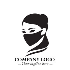 Elegant Woman Wearing Mask Logo Symbol in Black on White Background with Minimalist Modern Design