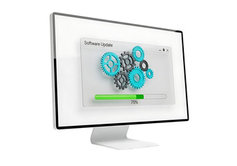 3d illustration of computer monitor displaying a progress bar and gears, symbolizing software installation or system update, isolated on transparent background on transparent background