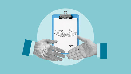 Business negotiation, acquisition or deal closure are shown by handshake with contract symbolizing strategic partnership, legal commitment or formal agreement