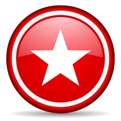 Obraz premium A glossy, red circular badge with a bright white star at its center, framed by a white and dark red outline. A subtle shadow adds dimension