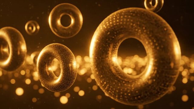Abstract Motion of Golden Donuts in a Dark Background Illuminated by Bright Bokeh Lights Seamless Loop Ideal for Visual Effects and Backgrounds in Financial and Technology Concepts