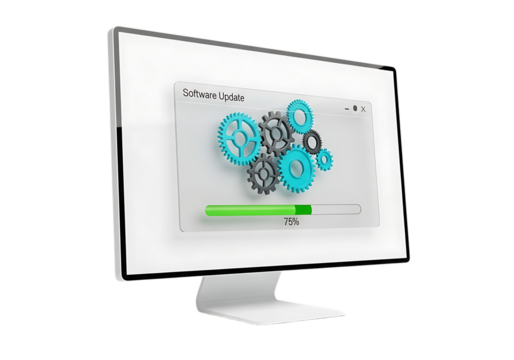 3d illustration of computer monitor displaying a progress bar and gears, symbolizing software installation or system update, isolated on transparent background on transparent background - Powered by Adobe