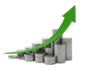 3d illustration of stack of coins with a green arrow pointing upwards, representing financial growth, investment, and economic success, isolated on transparent background on transparent background