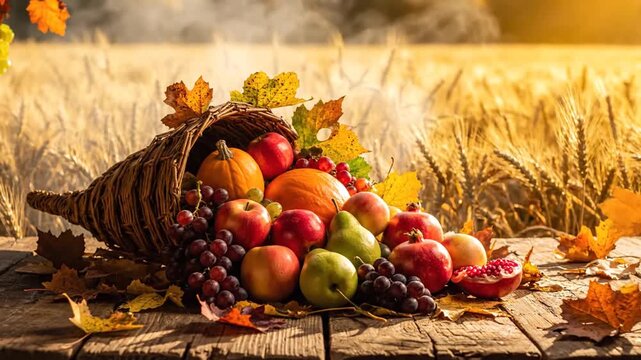 Abundance of Autumn Fruits and Vegetables in Cornucopia with Falling Leaves on Wooden Table in Field, Warm Golden Light, Harvest Celebration and Thanksgiving Feast Decoration