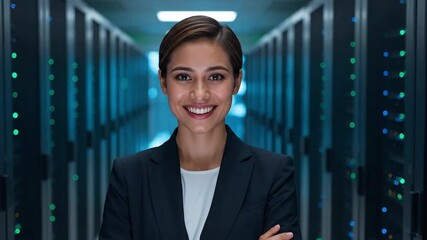 Smiling IT Professional Woman in a Modern Data Center, Representing Technology Management and Digital Security Solutions - Powered by Adobe