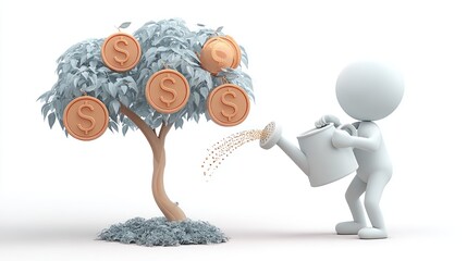 3D illustration of a person watering a money tree