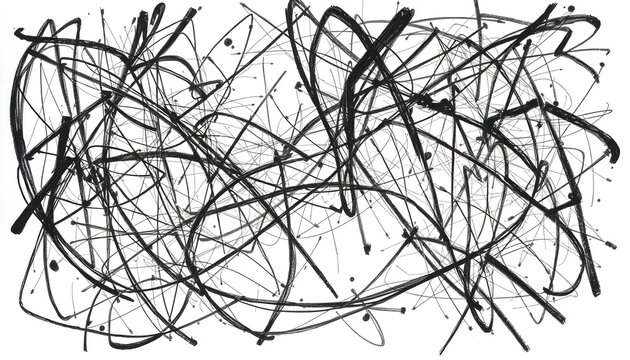 Abstract ink drawing featuring chaotic, overlapping lines and curves in black against a white background, creating a sense of movement and energy.