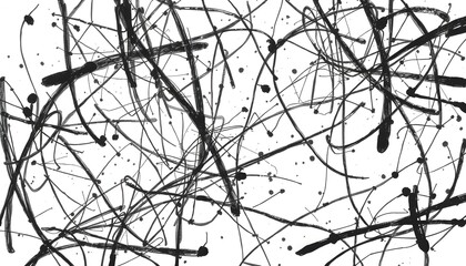 Abstract artwork featuring black ink splatters, lines, and curves against a white background.