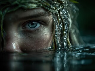 the calm lake water surface and a head of a mermaid emerging from the water