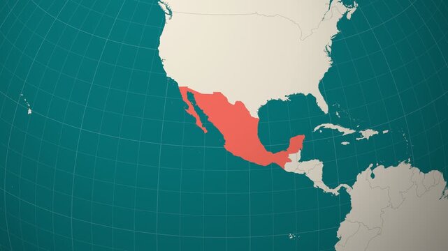 Mexico map. Animated zoom into the country on the Globe in Teal Pale Mint color palette. Country logo animation. Map with meridians, parallels. Classy video.