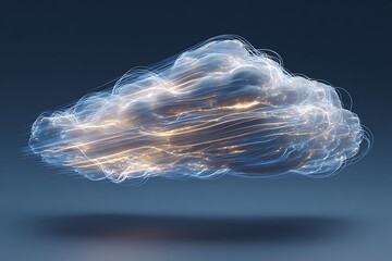 An abstract cloud formation with glowing lines against a dark blue background hovering above surface
