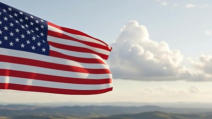 American Flag Waving with Clouds and Mountain View in Daytime America's symbol animation over a mountainous landscape and cloudy sky evokes patriotism and national pride campaign ad