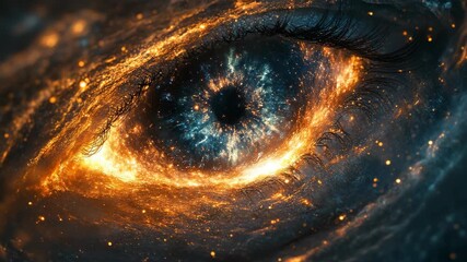 A surreal macro view of a human eye glowing with fiery orange cosmic energy, resembling a swirling galaxy inside the iris, symbolizing vision, imagination, mystery, and the infinite universe. - Powered by Adobe