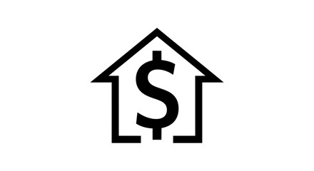 A stylized house silhouette containing a dollar sign, representing home ownership or real estate investment concepts.