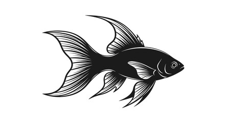 A single black fantail goldfish, a popular aquarium pet, is depicted swimming in profile against a plain white background, showcasing its elegant fins and tail.