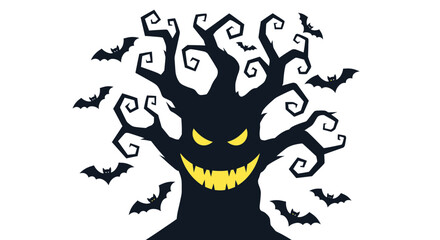 Fototapeta premium A spooky halloween illustration of an evil tree with bats flying around it in a scary scene