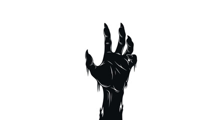 A skeletal hand, dripping with black liquid, reaches upwards against a stark white background, evoking themes of dread and the unknown.