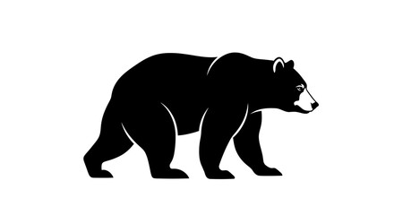 A stark black silhouette of a bear walking across a white background, symbolizing wildlife and nature.