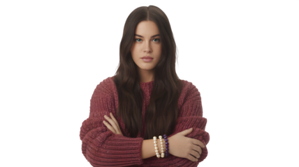 Young Woman in Cozy Red Sweeter, Isolated on White