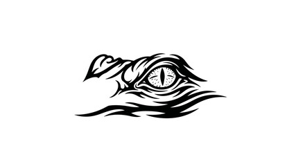 An artistic black and white illustration of a crocodile's eye, showcasing its intense gaze and textured skin.