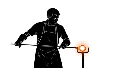A skilled craftsman is shown working with molten glass at a furnace, meticulously shaping the glowing material with a long rod.