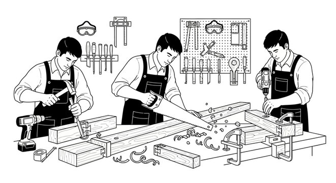 A skilled carpenter meticulously works on a wooden project, demonstrating various stages of woodworking with tools like a hammer, saw, and drill, highlighting the craft of carpentry and manual labor.