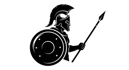A powerful silhouette of a Spartan warrior stands ready for battle, holding a spear and shield with fierce determination.