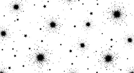 A seamless pattern of black ink splatters and small star shapes scattered across a clean white background, creating an abstract and textured graphic resource for design applications.